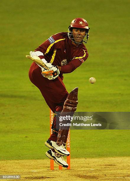 Nicky Boje of Northamptonshire defends a ball from Nadeem Malik of Leicestershire during the Friends Provident T20 match between Northamptonshire and...