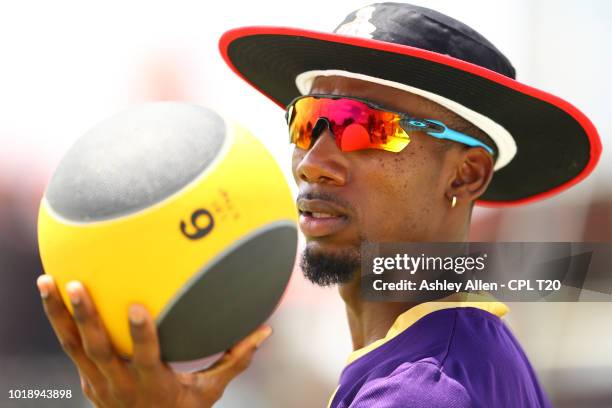 In this handout image provided by CPL T20, Khary Pierre takes part in a Trinbago Knight Riders nets and training session at Central Broward Regional...