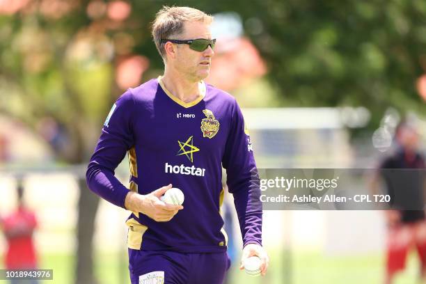 In this handout image provided by CPL T20, Head coach Simon Katich takes part in a Trinbago Knight Riders nets and training session at Central...