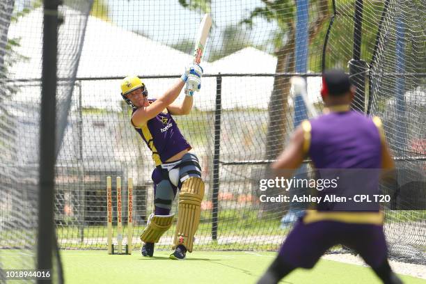 In this handout image provided by CPL T20, Chris Lynn takes part in a Trinbago Knight Riders nets and training session at Central Broward Regional...