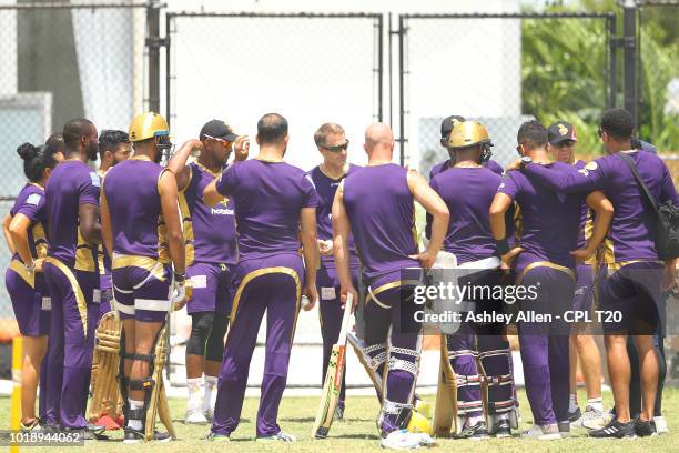 In this handout image provided by CPL T20, Team members of the Trinbago Knight Riders takes part in a Trinbago Knight Riders nets and training...