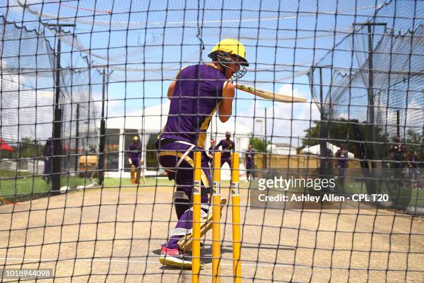 In this handout image provided by CPL T20, Chris Lynn bats during a Trinbago Knight Riders nets and training session at Central Broward Regional Park...