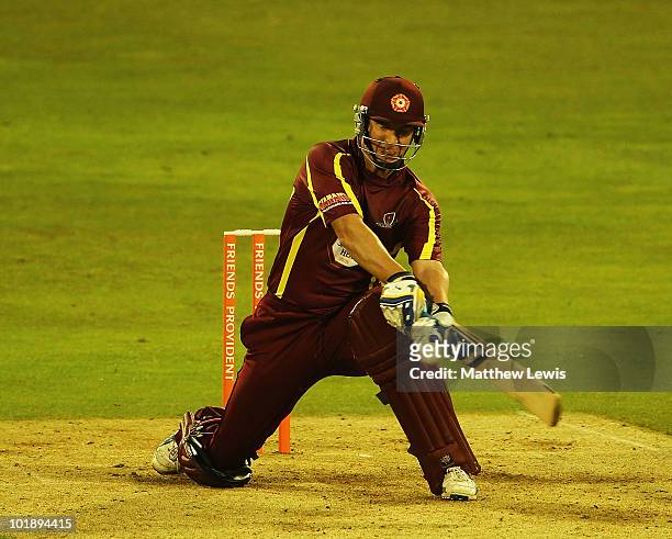 Mal Loye of Northamptonshire plays a reverse sweep shot during the Friends Provident T20 match between Northamptonshire and Leicestershire at the...
