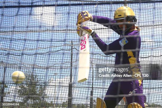 In this handout image provided by CPL T20, Amir Jangoo takes part in a Trinbago Knight Riders nets and training session at Central Broward Regional...