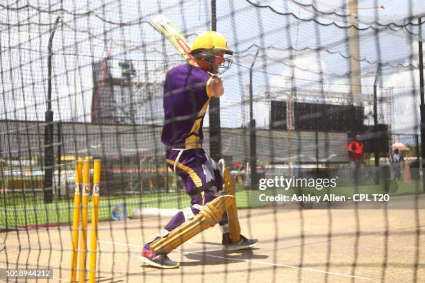 In this handout image provided by CPL T20, Chris Lynn bats during a Trinbago Knight Riders nets and training session at Central Broward Regional Park...