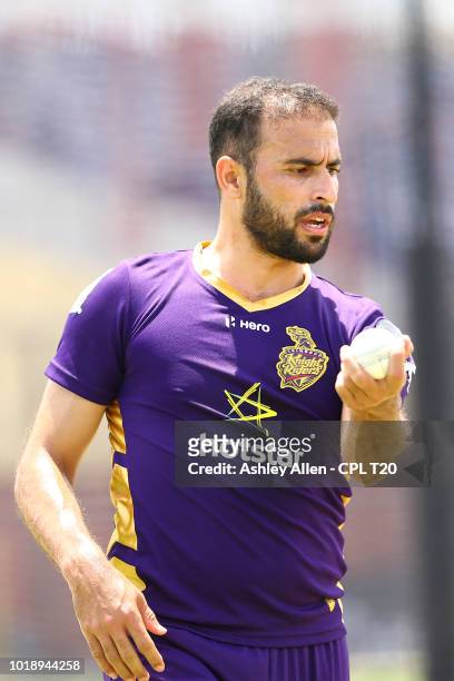 In this handout image provided by CPL T20, Fawad Ahmed during a Trinbago Knight Riders nets and training session at Central Broward Regional Park on...