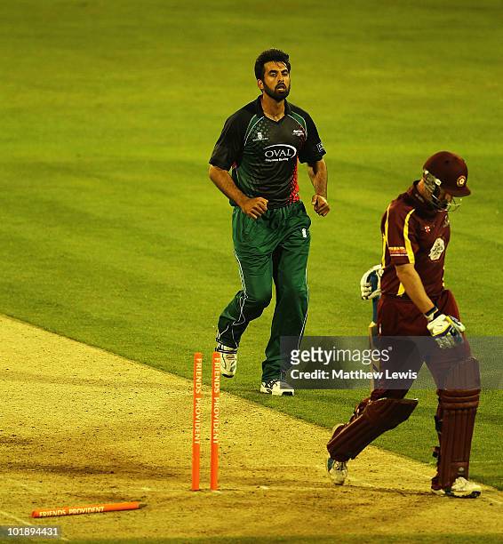 Nadeem Malik of Leicestershire celebrates bowling Mal Loye of Northamptonshire during the Friends Provident T20 match between Northamptonshire and...