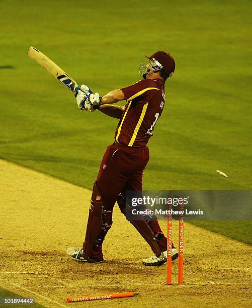 Mal Loye of Northamptonshire is bowled by Nadeem Malik of Leicestershire during the Friends Provident T20 match between Northamptonshire and...