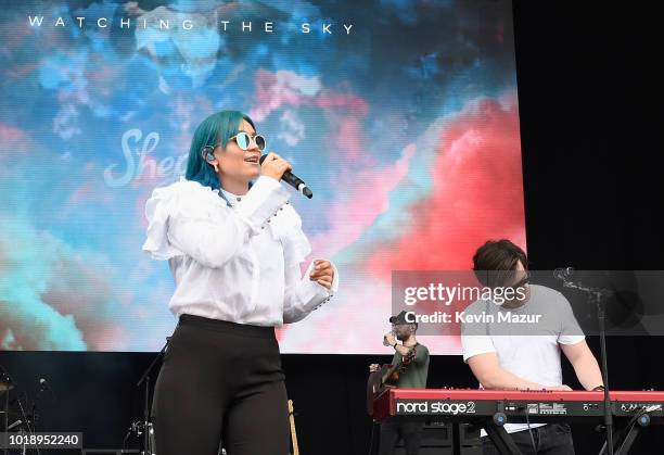 Amy Sheppard, Michael Butler, and George Sheppard of Sheppard perform onstage during Day 1 of Billboard Hot 100 Festival 2018 at Northwell Health at...