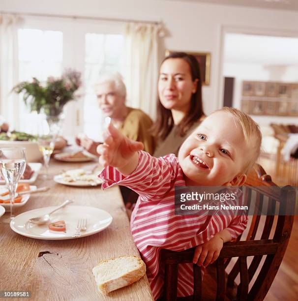 female generational family at dinner table, girl (2-4 years) reaching - 30 34 years stock-fotos und bilder