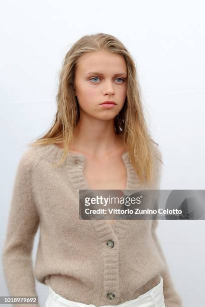 Model backstage ahead of the Iben show during Oslo Runway SS19 at Prindsen Hage on August 14, 2018 in Oslo, Norway.