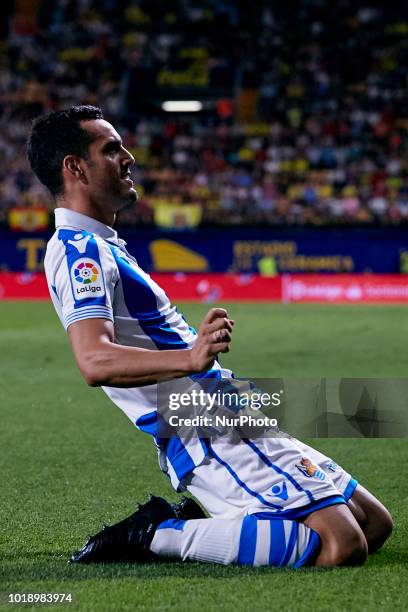 Juanmi of Real Sociedad celebrates a goal during the La Liga match between Villarreal CF and Real Sociedad at Estadio de la CerAmica on August 18,...