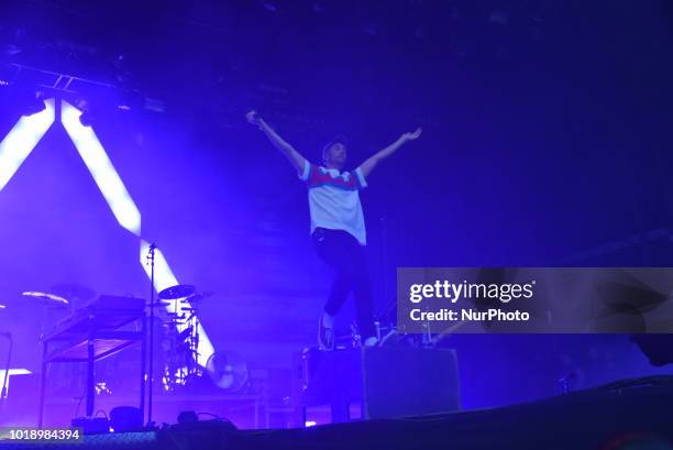 British indie pop band Bastille perform on stage during day two of Rize Festival in Chelmsford, on August 18, 2018. The band consists of lead...