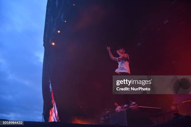 British indie pop band Bastille perform on stage during day two of Rize Festival in Chelmsford, on August 18, 2018. The band consists of lead...