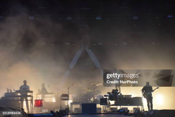 British indie pop band Bastille perform on stage during day two of Rize Festival in Chelmsford, on August 18, 2018. The band consists of lead...