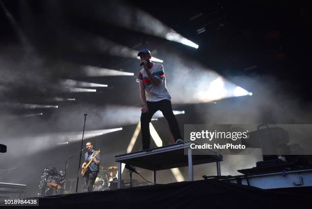 British indie pop band Bastille perform on stage during day two of Rize Festival in Chelmsford, on August 18, 2018. The band consists of lead...