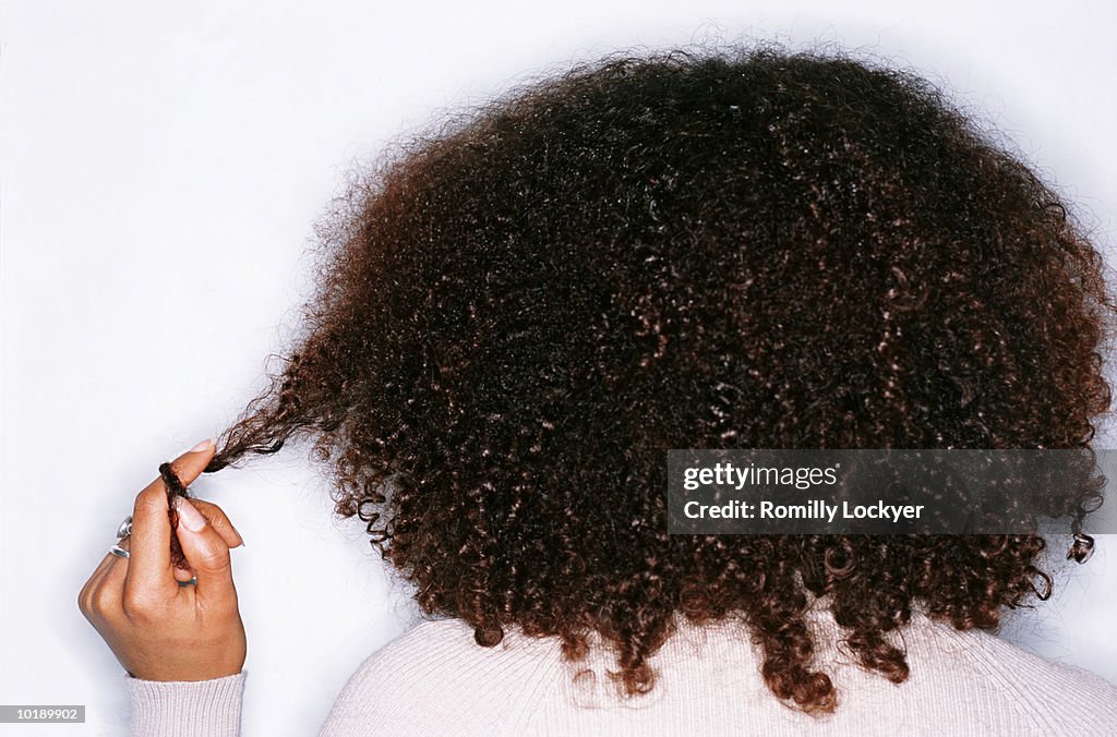 Young woman twisting hair round finger, rear view