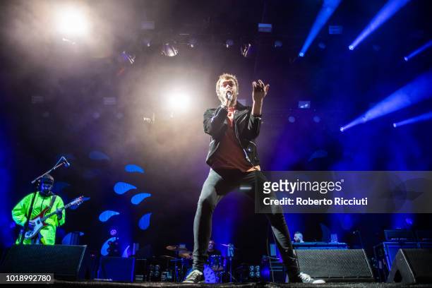 Sergio Pizzorno and Tom Meighan of Kasabian perform on stage at Princes Street Gardens during Edinburgh Summer Sessions on August 18, 2018 in...