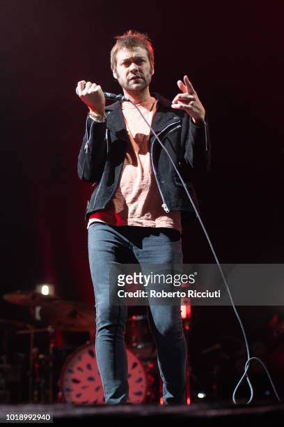 Tom Meighan of Kasabian performs on stage at Princes Street Gardens during Edinburgh Summer Sessions on August 18, 2018 in Edinburgh, Scotland.