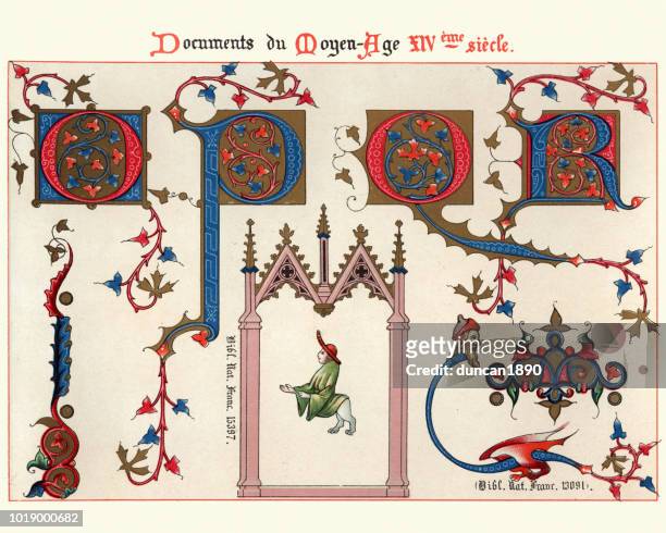 monsters, letters, medieval decorative art from illuminated manuscripts 14th century - ps arts stock illustrations
