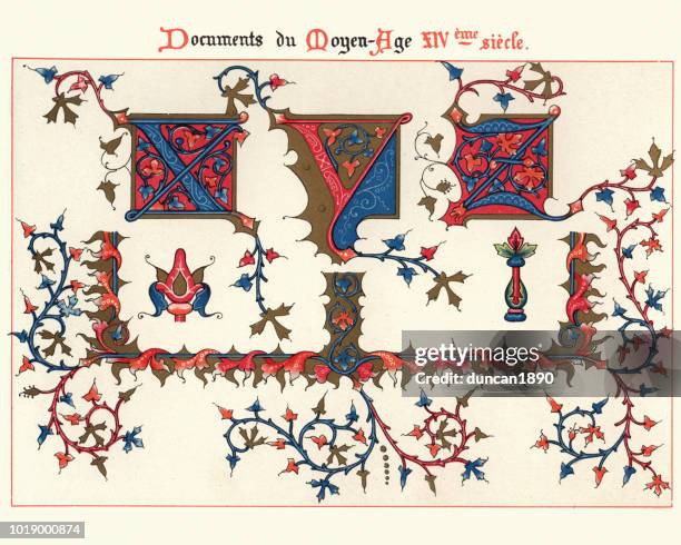 illustrations, cliparts, dessins animés et icônes de exemples de l’art décoratif médiéval de manuscrits enluminés du xive siècle - enluminure