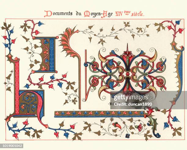 stockillustraties, clipart, cartoons en iconen met voorbeelden van middeleeuwse decoratieve kunst uit verluchte handschriften 14e eeuw - middeleeuws