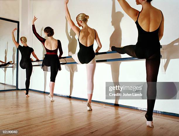 four female ballet dancers practising at bar, rear view - barre class bildbanksfoton och bilder