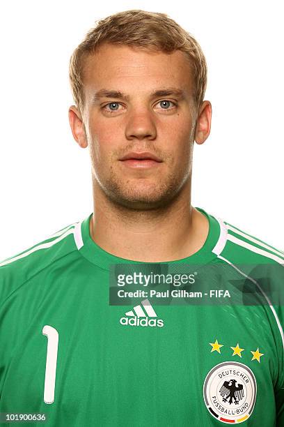 Goalkeeper Manuel Neuer of Germany poses during the official Fifa World Cup 2010 portrait session at Velmore Hotel on June 8, 2010 in Pretoria, South...
