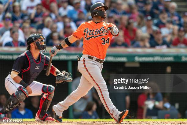 Jonathan Villar of the Baltimore Orioles hits a three run home run during the third inning against the Cleveland Indians at Progressive Field on...