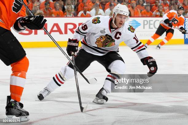 Jonathan Toews of the Chicago Blackhawks skates in Game Four of the 2010 NHL Stanley Cup Final against the Philadelphia Flyers at Wachovia Center on...