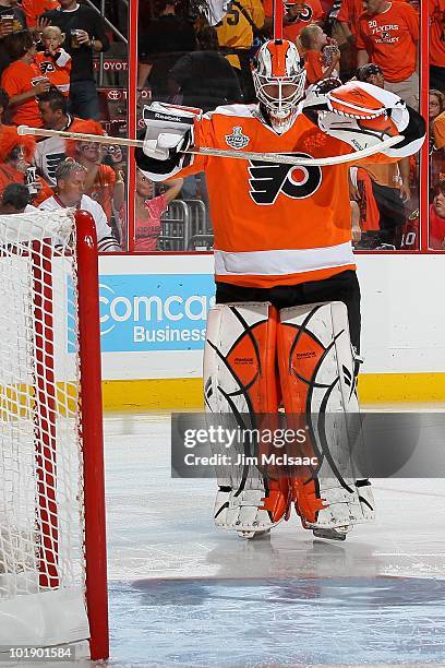 Michael Leighton of the Philadelphia Flyers stands in front of his net in Game Four of the 2010 NHL Stanley Cup Final against the Chicago Blackhawks...