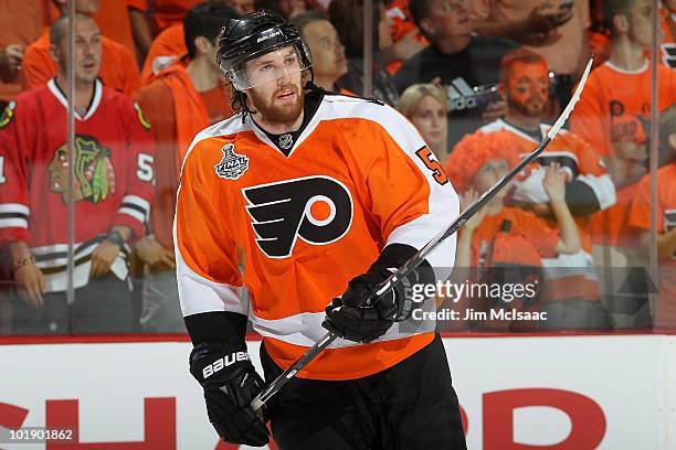 Braydon Coburn of the Philadelphia Flyers looks on in Game Four of the 2010 NHL Stanley Cup Final against the Chicago Blackhawks at Wachovia Center...