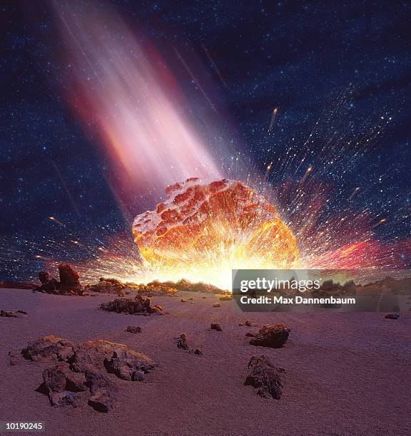 meteor impact (digital) - planet collision stock-fotos und bilder