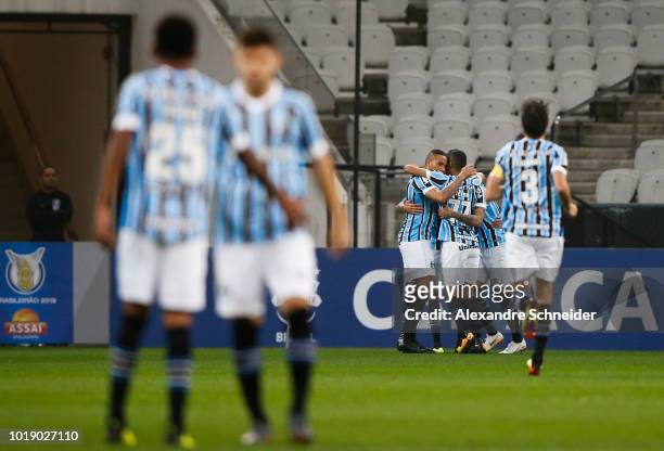 Cicero of Gremio celebrates after scoring their first goal during the match against Gremio for the Brasileirao Series A 2018 at Arena Corinthians...