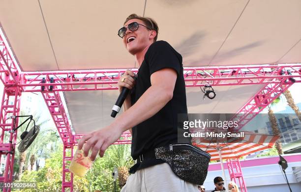 Recording artist Jesse McCartney, Saint Laurent fanny pack detail, performs at The Flamingo Go Pool on August 18, 2018 in Las Vegas, Nevada.