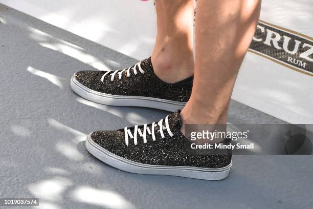 Recording artist Jesse McCartney, Saint Laurent sneaker detail, arrives at The Flamingo Go Pool on August 18, 2018 in Las Vegas, Nevada.