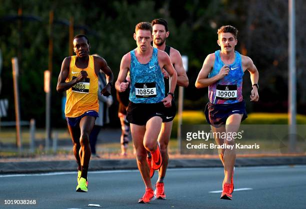 Jack Rayner, Collis Birmingham, Nicolas Harman and Kevin Batt compete during the Sunshine Coast Half Marathon on August 19, 2018 in Sunshine Coast,...