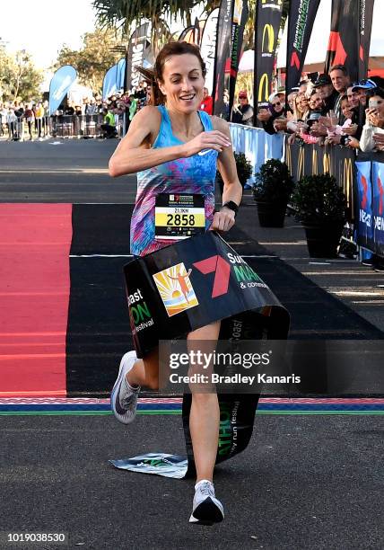 Sinead Diver crosses the finishing line to win the Sunshine Coast Half Marathon on August 19, 2018 in Sunshine Coast, Australia.