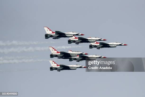 Aircrafts perform over Lake Michigan during the 60th Chicago Air and Water Show, in Chicago, United States on August 18, 2018. Aerostars, AeroShell...