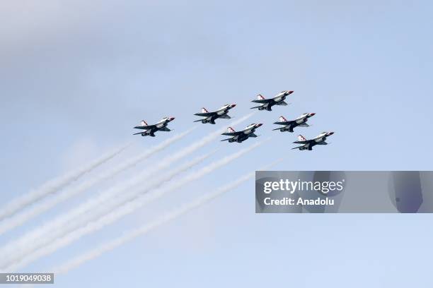 Aircrafts perform over Lake Michigan during the 60th Chicago Air and Water Show, in Chicago, United States on August 18, 2018. Aerostars, AeroShell...