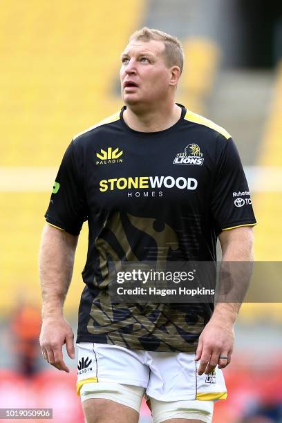 Thomas Waldrom of Wellington warms up during the round one Mitre 10 Cup match between Wellington and Otago at Westpac Stadium on August 19, 2018 in...