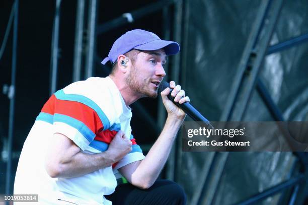 Dan Smith of Bastille performs on the main stage at RiZE Festival on August 18, 2018 in Chelmsford, United Kingdom.