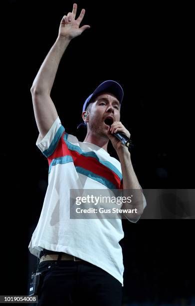 Dan Smith of Bastille performs on the main stage at RiZE Festival on August 18, 2018 in Chelmsford, United Kingdom.