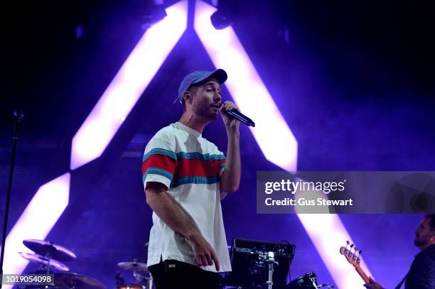 Dan Smith of Bastille performs on the main stage at RiZE Festival on August 18, 2018 in Chelmsford, United Kingdom.