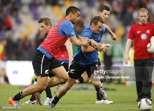 Winston Reid and Shane Smeltz of New Zealand in action during the warm-up prior to the International Friendly match between Slovenia and New Zealand...