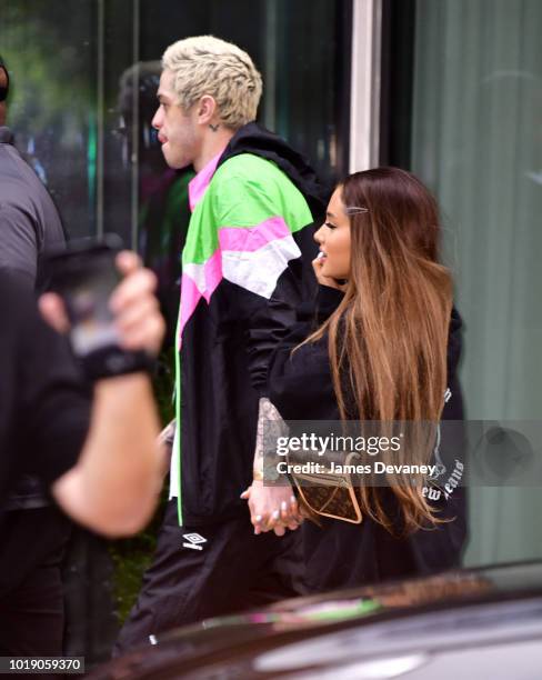 Ariana Grande and Pete Davidson seen on the streets of Manhattan on August 18, 2018 in New York City.