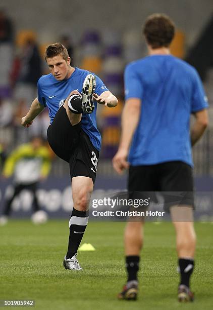 Chris Wood of New Zealand warms up prior to the International Friendly match between Slovenia and New Zealand at the Stadion Ljudski vrt on June 4,...