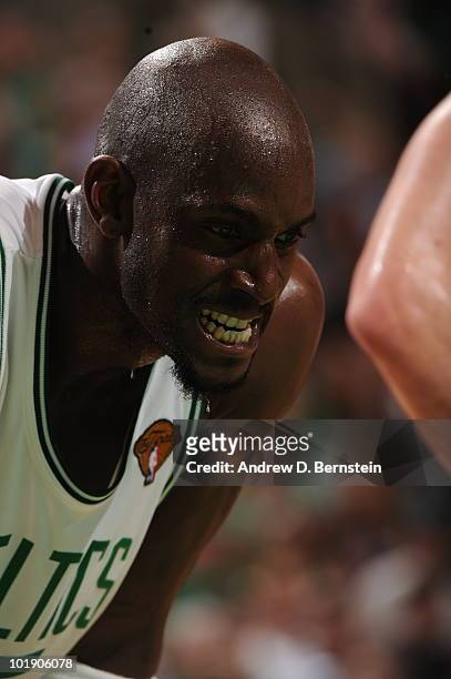 Kevin Garnett of the Boston Celtics against the Los Angeles Lakers in Game Three of the 2010 NBA Finals on June 8, 2010 at TD Garden in Boston,...