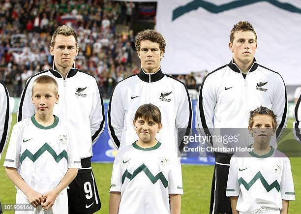 Shane Smeltz, Tony Lochhead and Chris Wood of New Zealand line up before the International Friendly match between Slovenia and New Zealand at the...