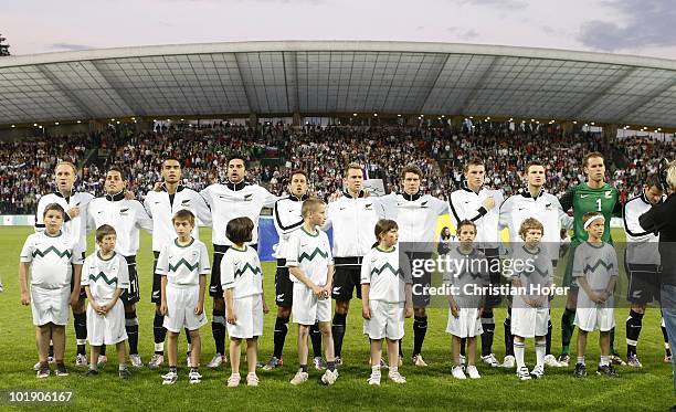 The New Zealand team line up before the International Friendly match between Slovenia and New Zealand at the Stadion Ljudski vrt on June 4, 2010 in...